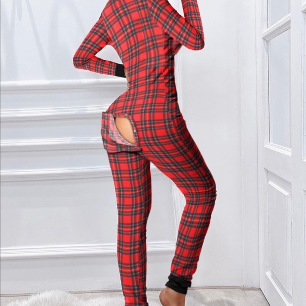 NWOT One piece plaid onesie with opening